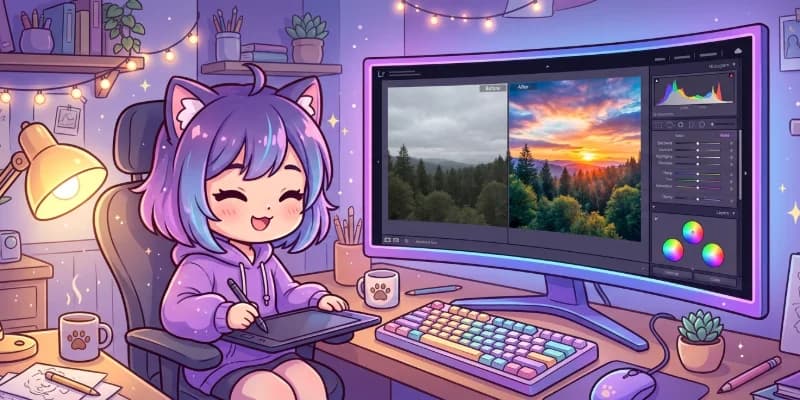 Cậu bé chỉnh sửa ảnh trong Lightroom trên máy tính