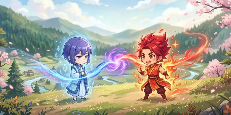 Hai nhân vật chibi đại diện Thể và Dụng trong Mai Hoa